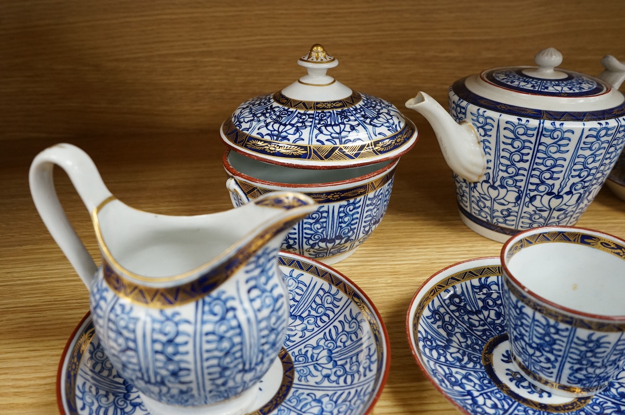 A group of late 18th/early 19th century Worcester Royal Lily tea wares, including a teapot, milk jug, lidded bowl, two plates, three cups and saucers, etc. Condition - fair.